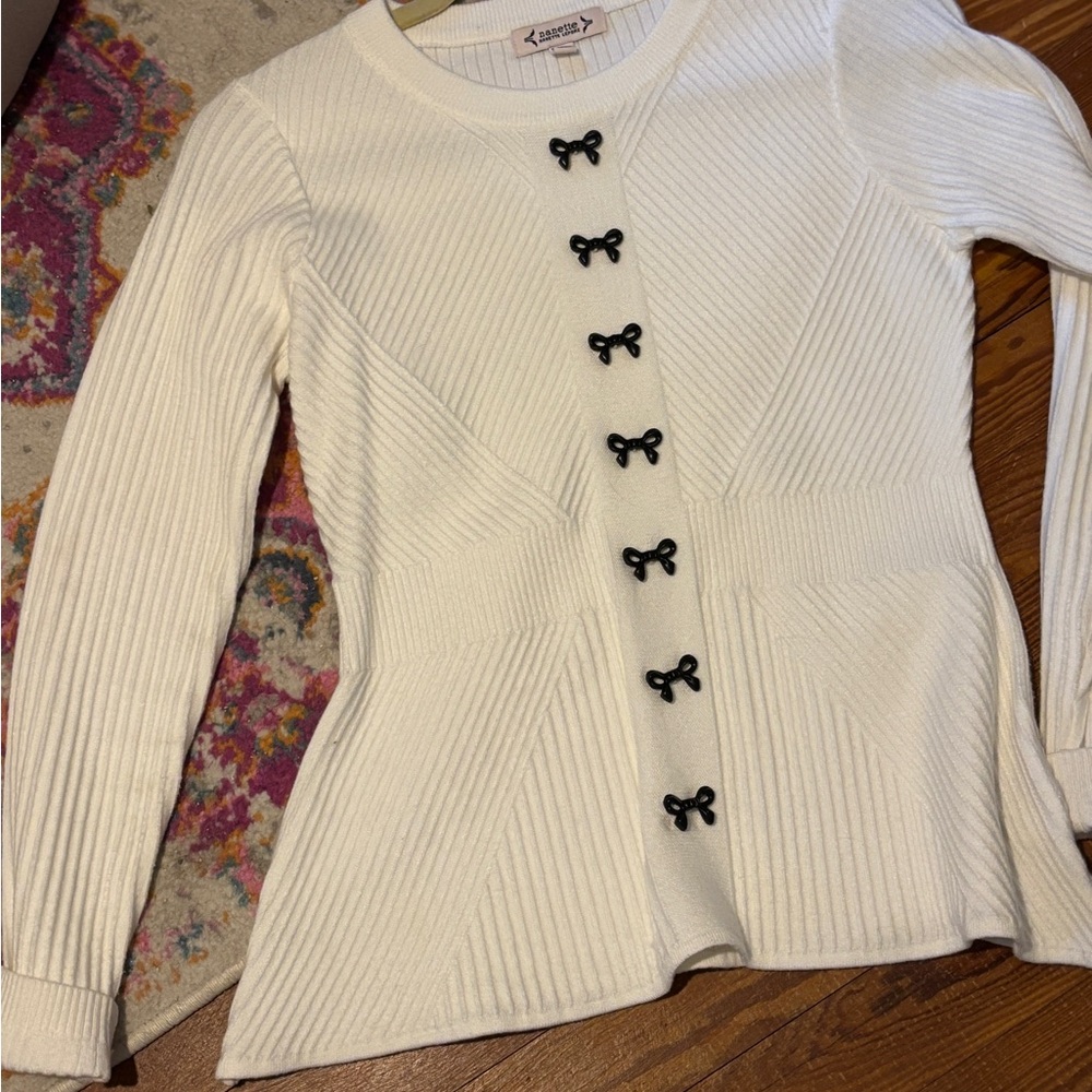 Nanette Lepore Ivory Sweater with Black Bow Details
